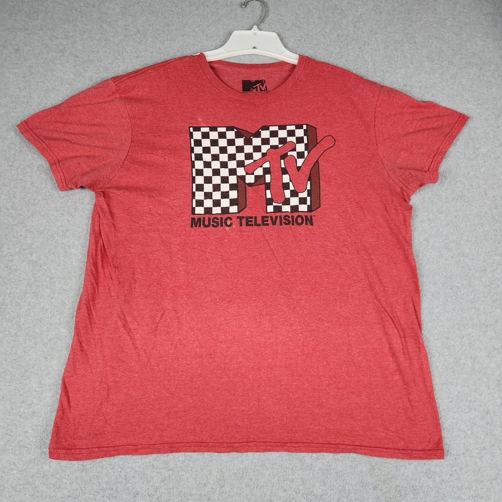 MTV T-Shirt Mens Large Red Music Television Checkered Logo Graphic Short Sleeve